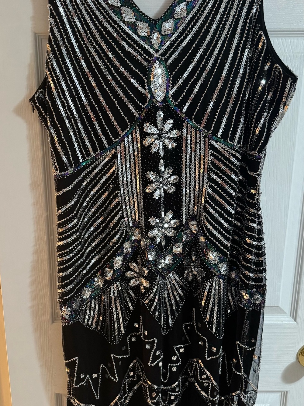 Unique Vintage 1920s Flapper Dress Sequined Fringe Black Silver Plus Size 3X 20